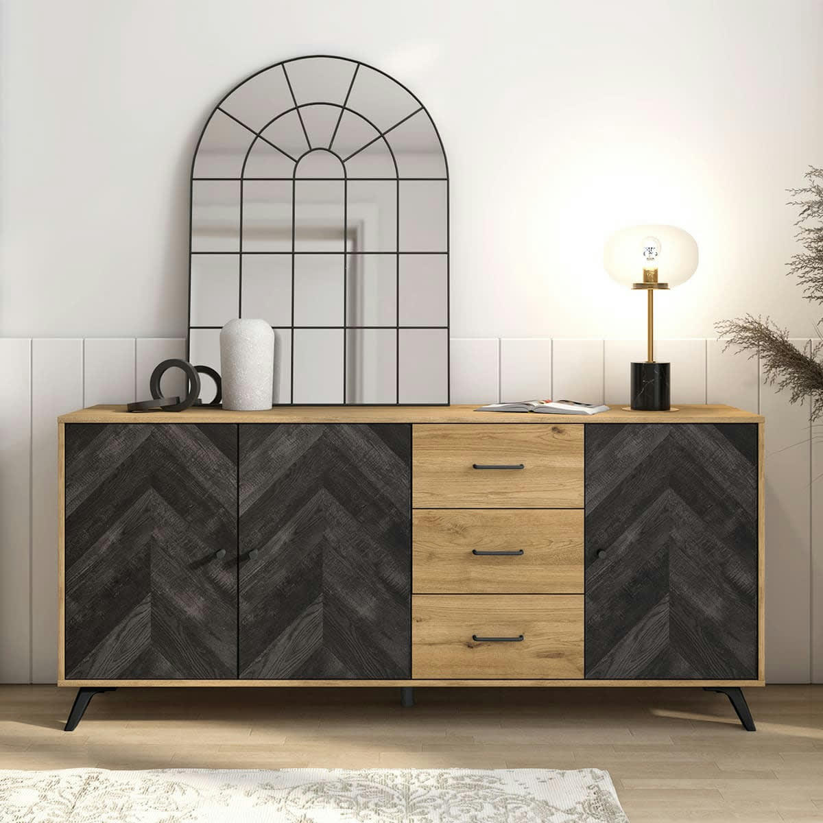 DELIA - Buffet 3 portes 3 tiroirs effet bois noir à chevrons et naturel 180 cm