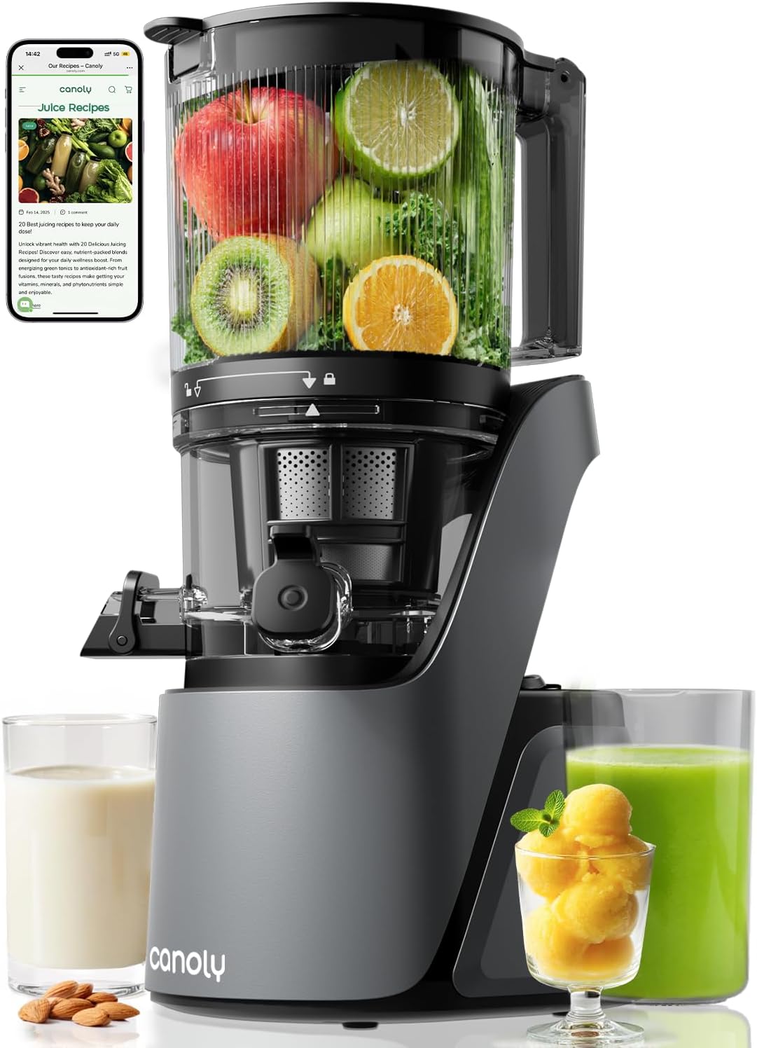 Canoly C16 Cold Press Juicer, 6 Extra Wide Feed Chute, 3-IN-1 Strainers (Juice & Sorbet & Nut Milk), Powerful AC Brushless Motor, Self Precut System, Juicer Machines with BPA-Free (Space Gray)