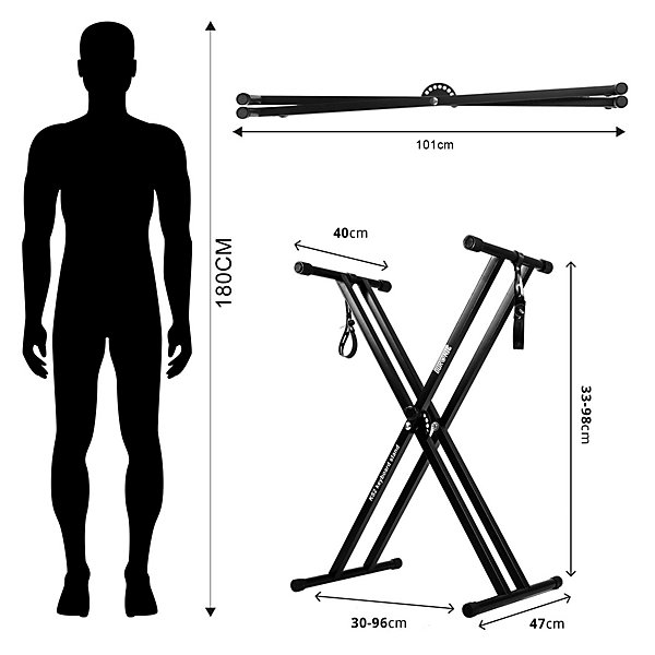 KS2B Support pour synthétiseur clavier Hauteur réglable de 33 à 98 cm Charge max 30 kg Vis et sangles de fixation Duronic