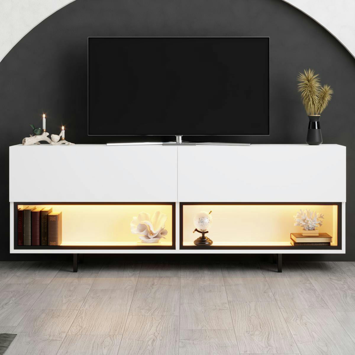 Meuble TV blanc 2 portes 2 niches LED à télécommande AURA