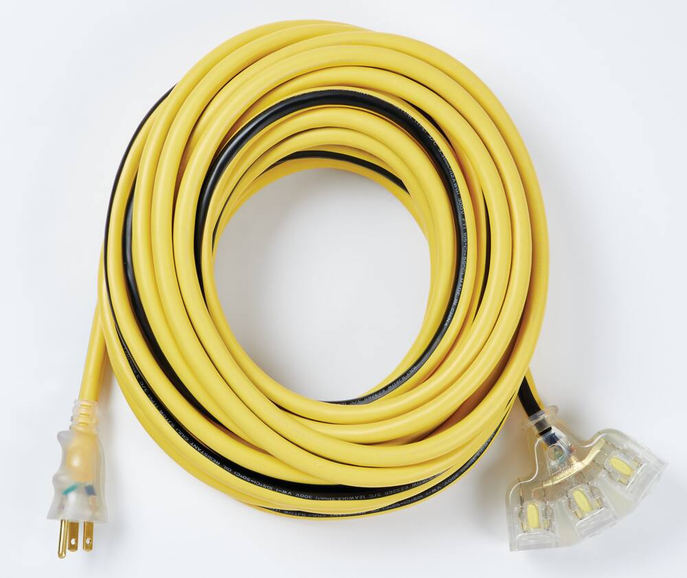 MAXIMUM 50-ft 12/3 Outdoor Extension Cord with 3 Grounded Outlets, Lighted End and Locking Connector, Yellow/Black