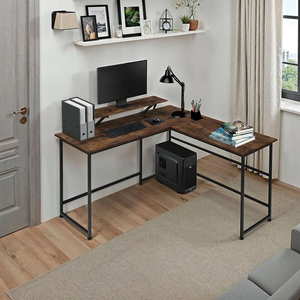 tectake Bureau Melrose 140x130x76,5cm, Industrieel Hout Donker, Rustiek