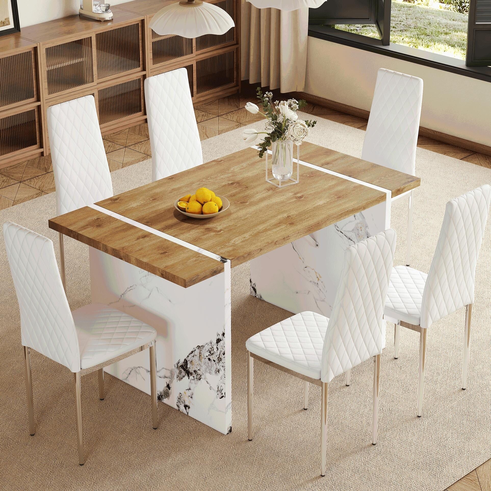 Modern Dining Set - Wood Look Table & Waterproof PU Chairs