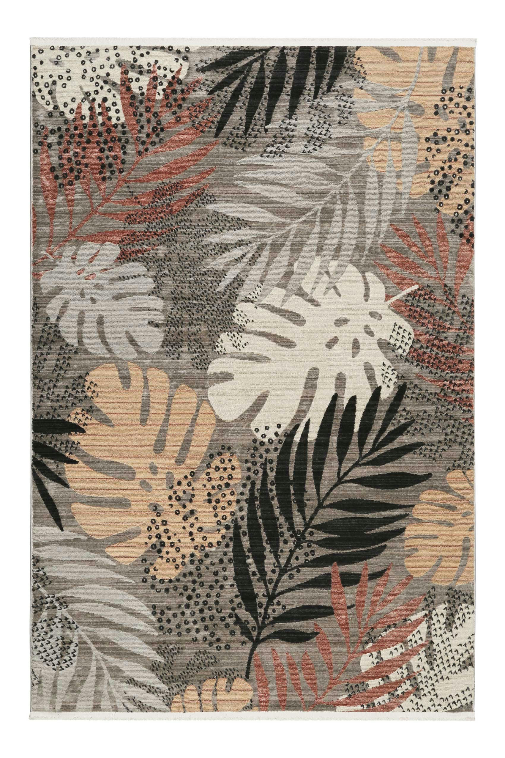 FLORENCE - Tapis tissé plat thème feuillage à franges fond gris 80x150