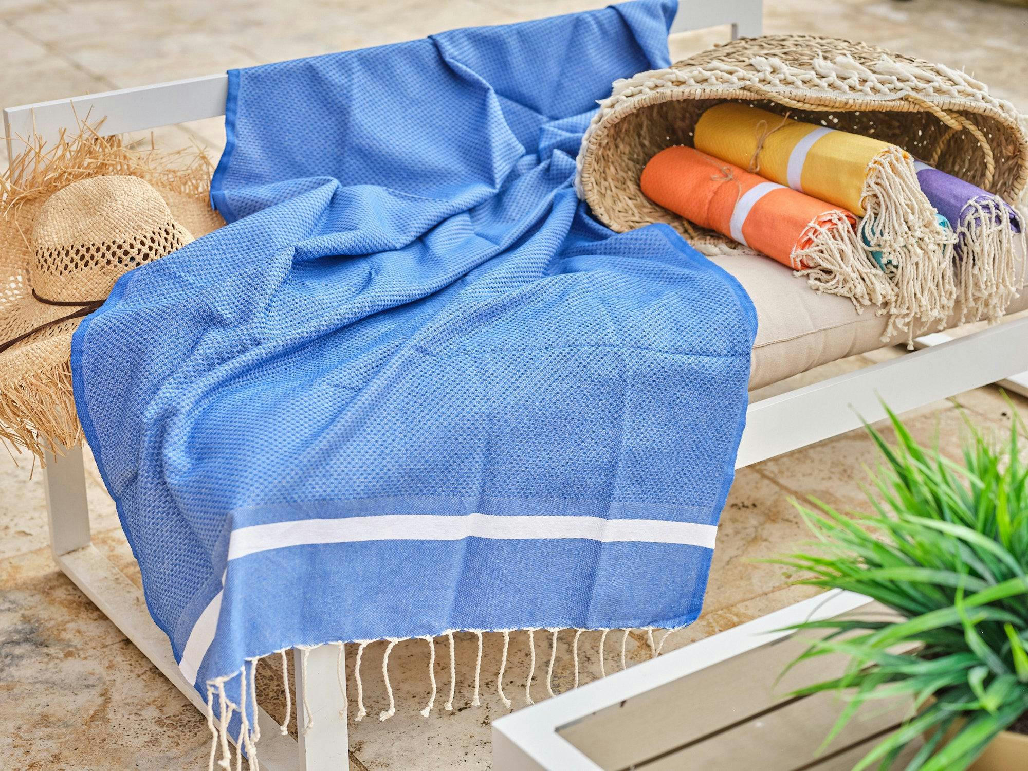 - Fouta en coton tissage nid d'abeille 100x200cm bleu royal