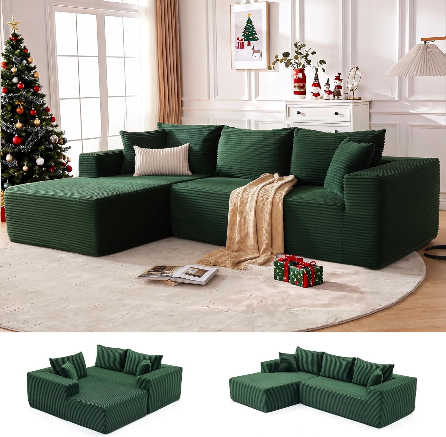 110” Cloud Sectional Couch, Modular Sectional Sofa for Living Room, Boneless Sofa with Deep Seat, Comfy Fluffy Couch with L-Shaped Chaise, No Assembly Required (Left-Facing Chaise, Green)