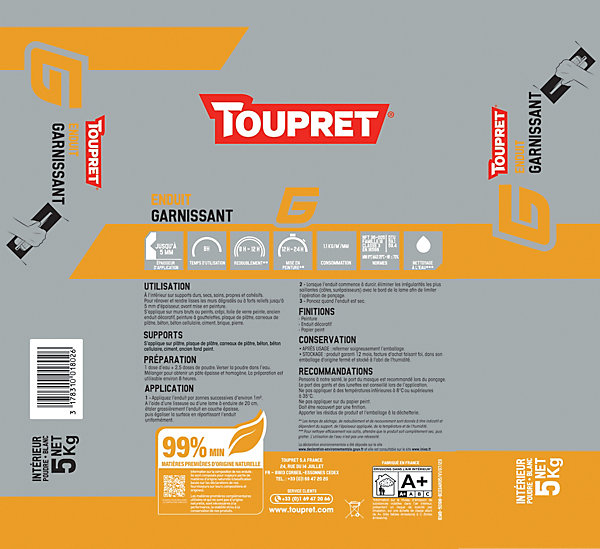 Enduit garnissant en poudre Toupret 5kg