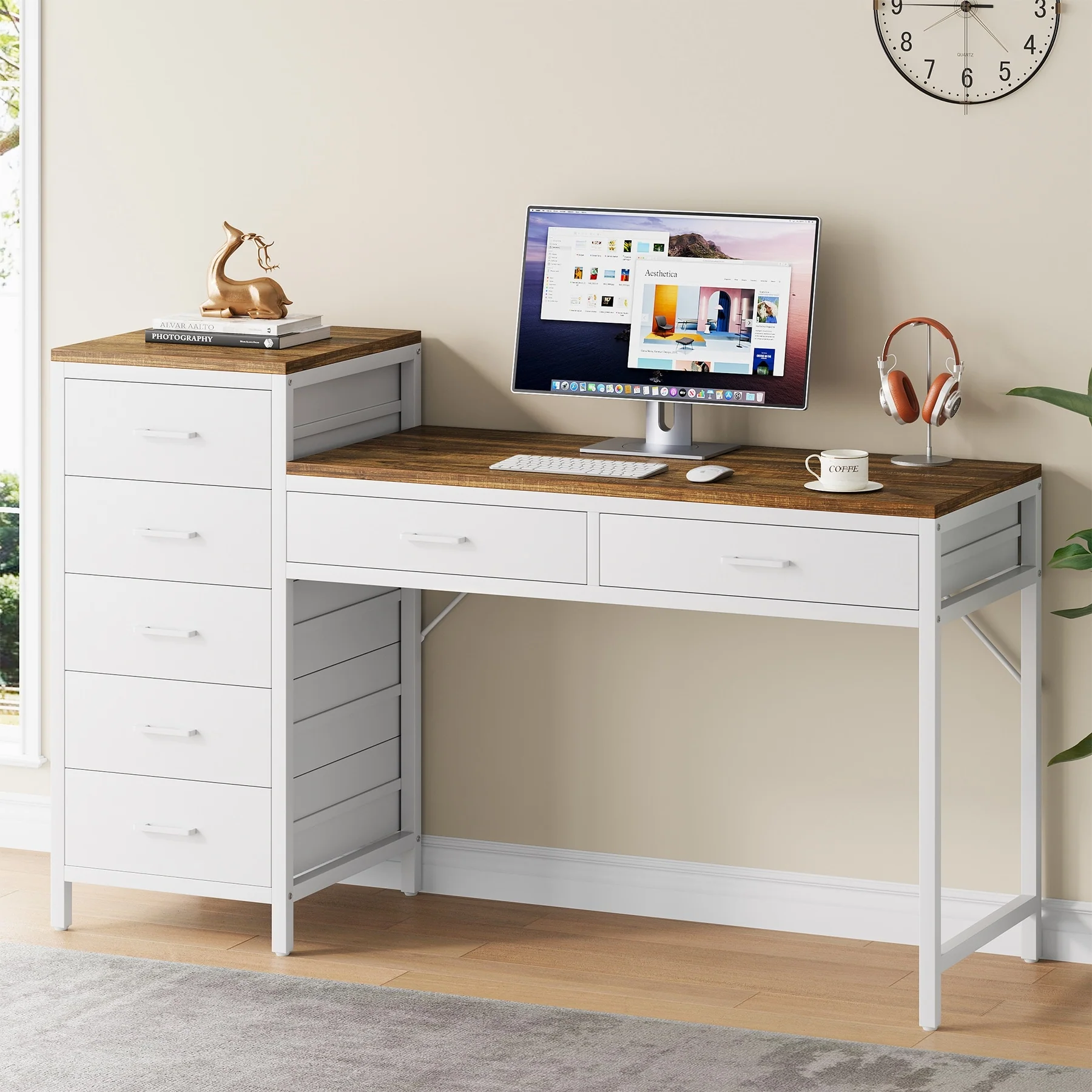 Computer Desk with 7 Drawers, 55 inch Home Office Desks with Reversible Drawer