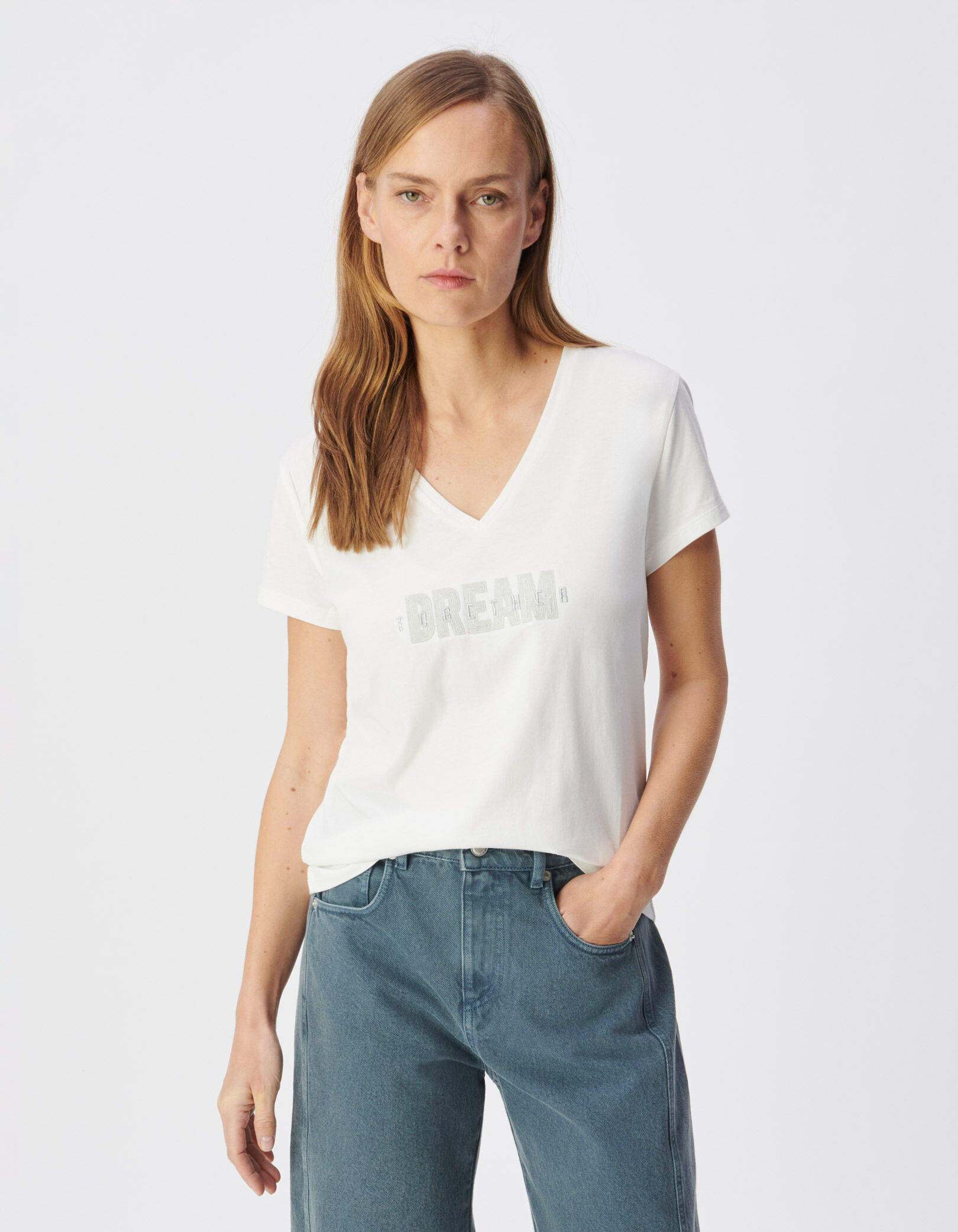 Tee-shirt encolure V blanc message brodé Femme