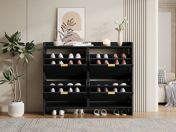 Meuble à chaussures 110 cm avec portes basculantes et étagères réglables, finition noir moderne