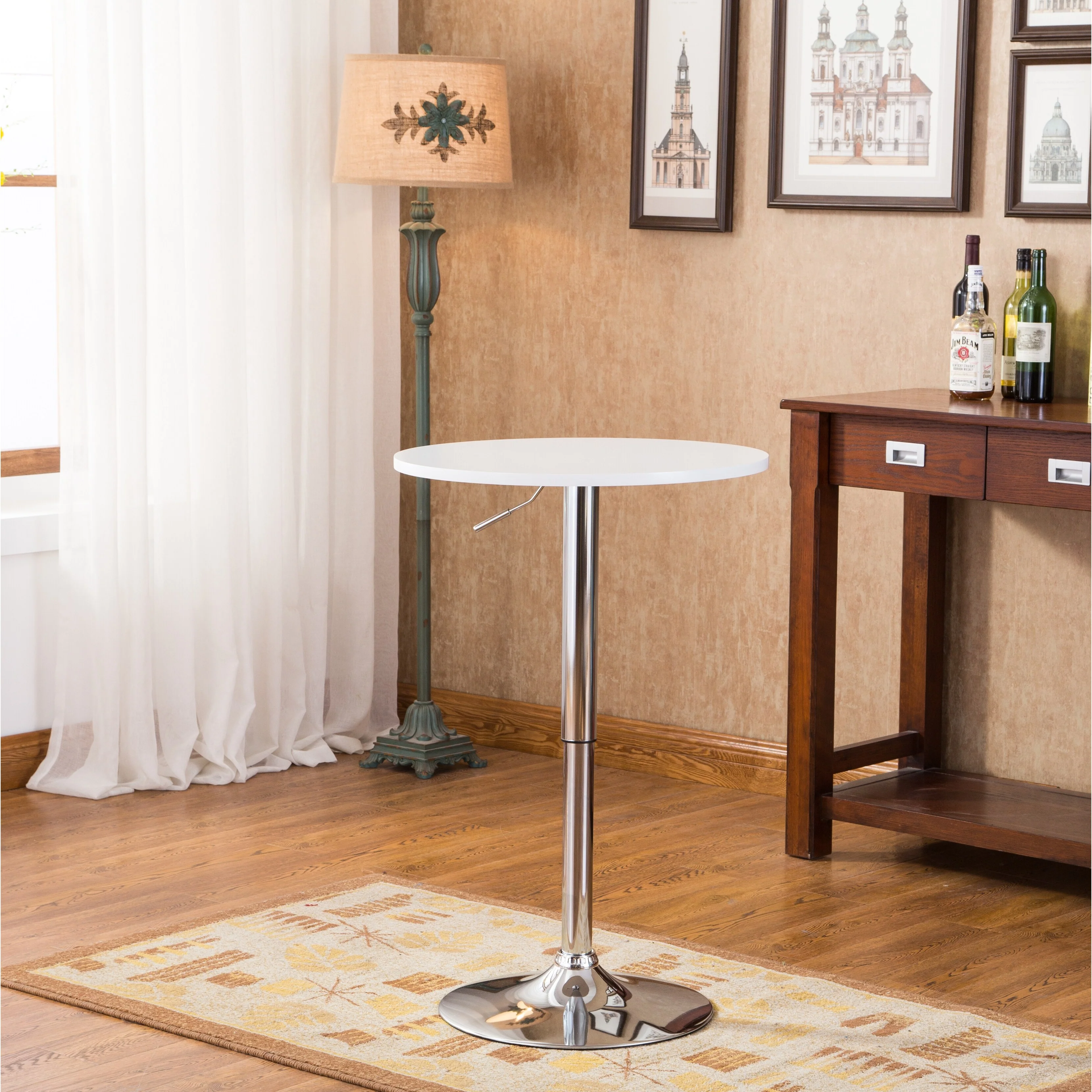 Roundhill Furniture Cumar White Adjustable Height Wood and Chrome Metal Bar Table