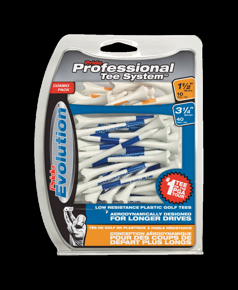 Pride Evolution Plastic Golf Tee Combo Pack, Assorted Sizes, 40-pk, White, 1-1/2-in & 3-1/4-in