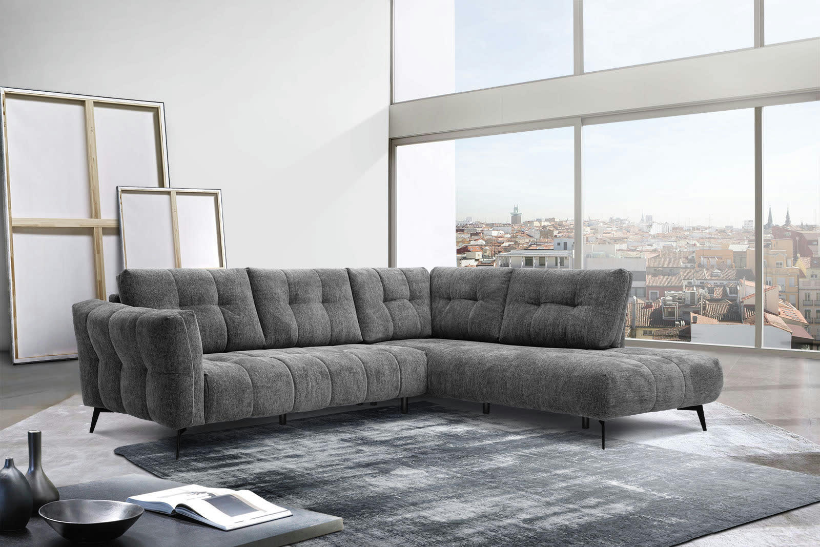 KALMER - Canapé d'angle droit 5 places tissu gris foncé