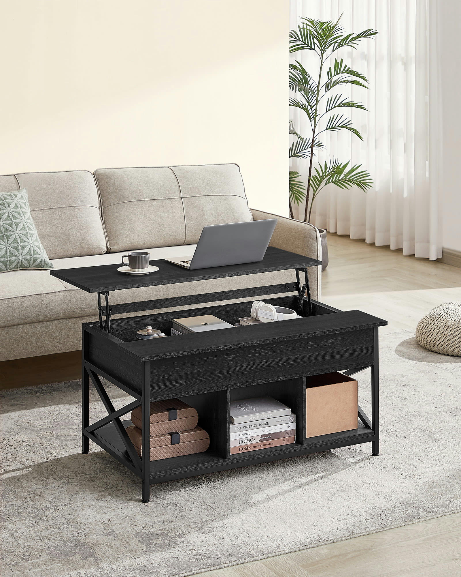 - Table basse avec plateau relevable effet bois noir 60 x 100 x 48 cm