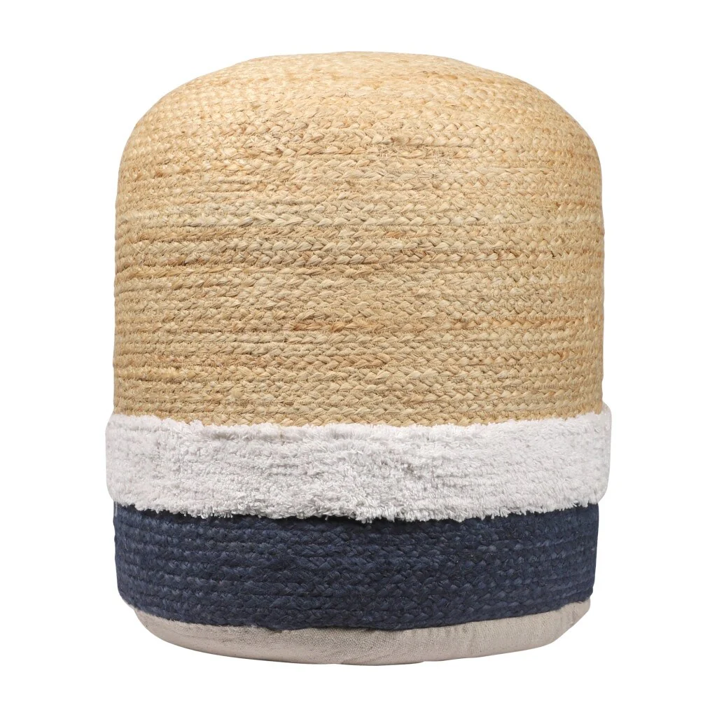 HomeRoots 18 Natural And Navy Blue Jute Blend Cylinder Striped Pouf Ottoman