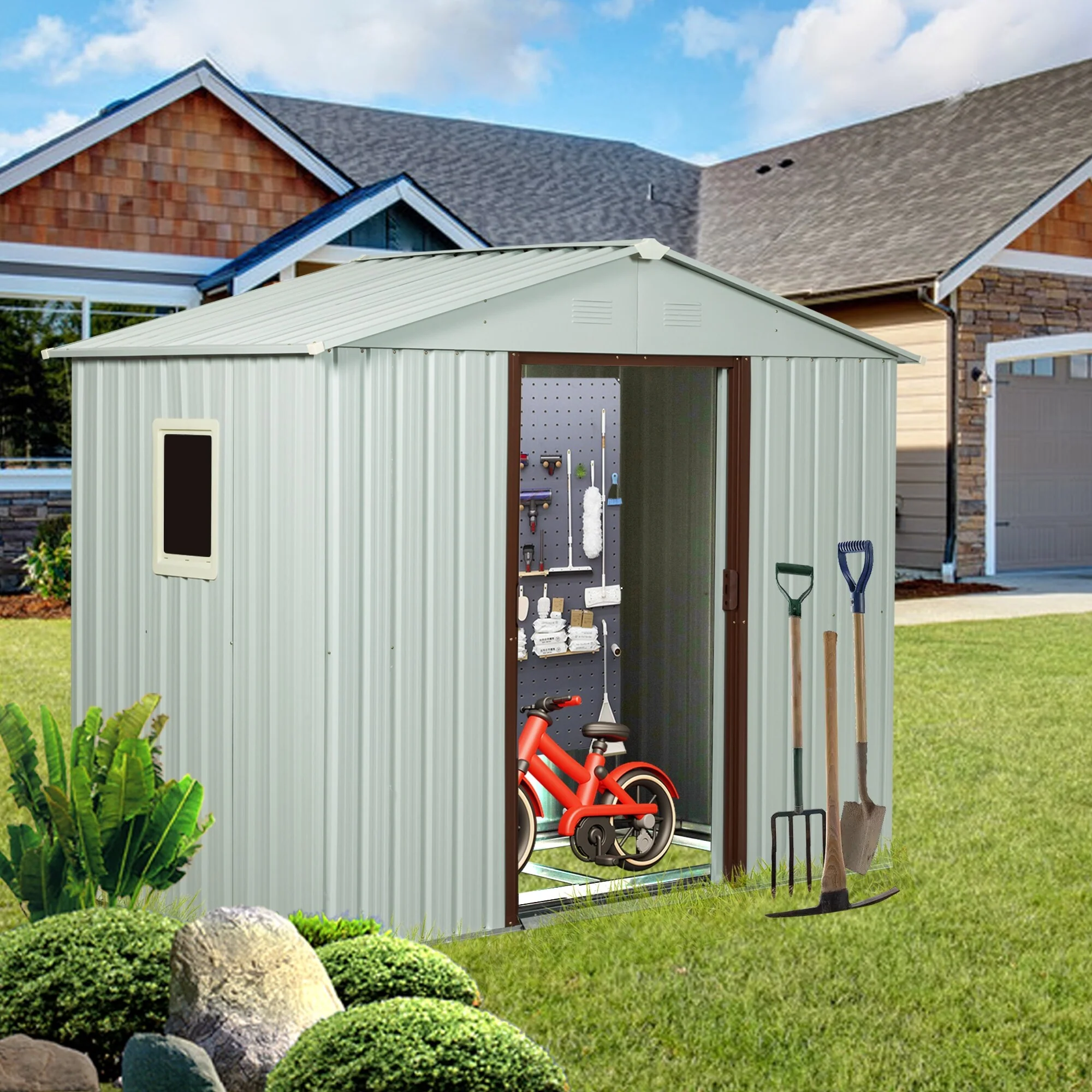 Rust-resistant Metal Storage Shed with Lockable Sliding Door, Waterproof Garden Shed Tool Shed Pet Shed