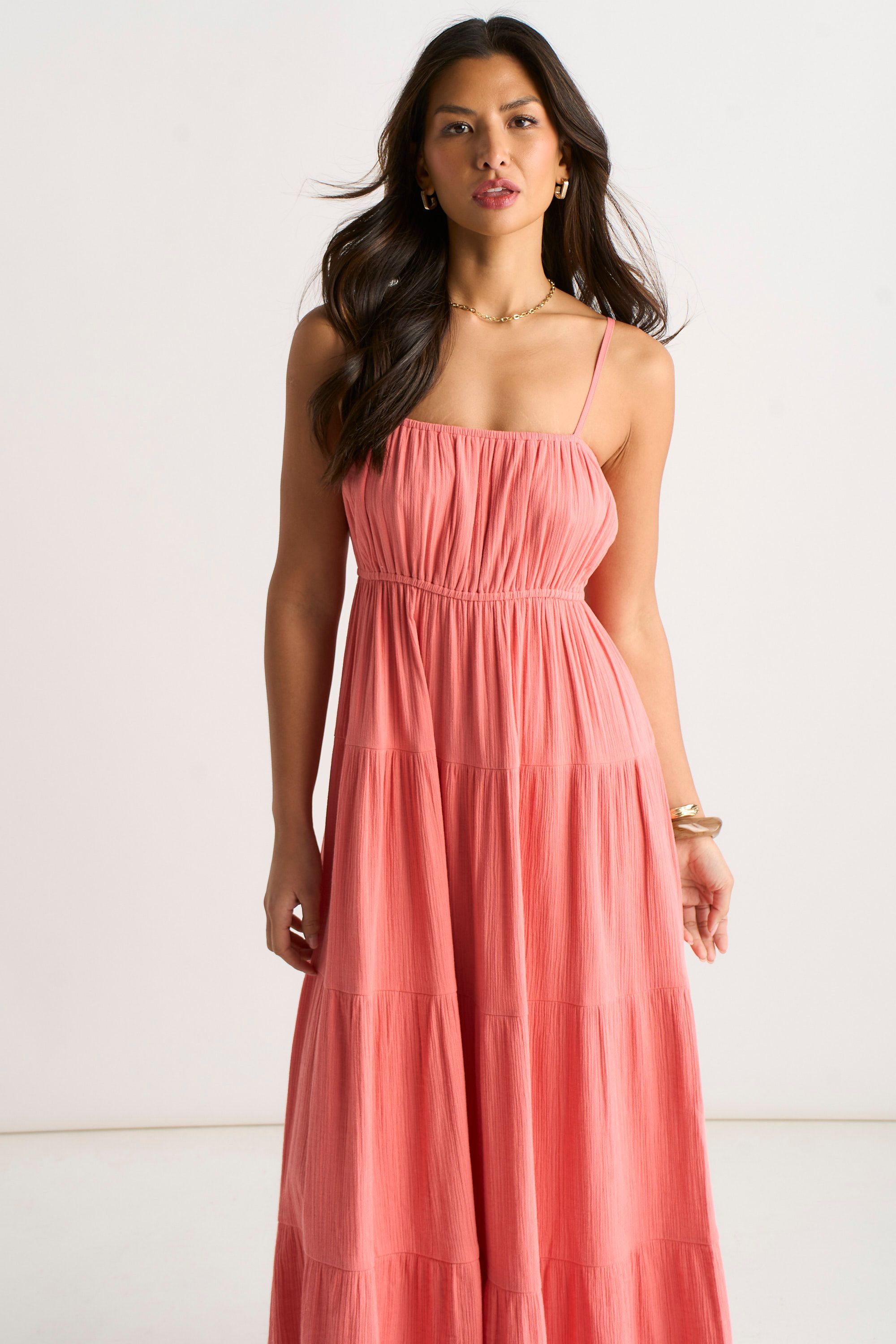 Gini London Coral Double Gauze Tierred Cami Maxi Dress