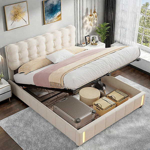 Lit double en velours beige 160x200cm avec rangement hydraulique et lampe sensorielle au pied, confort moderne et lumineux