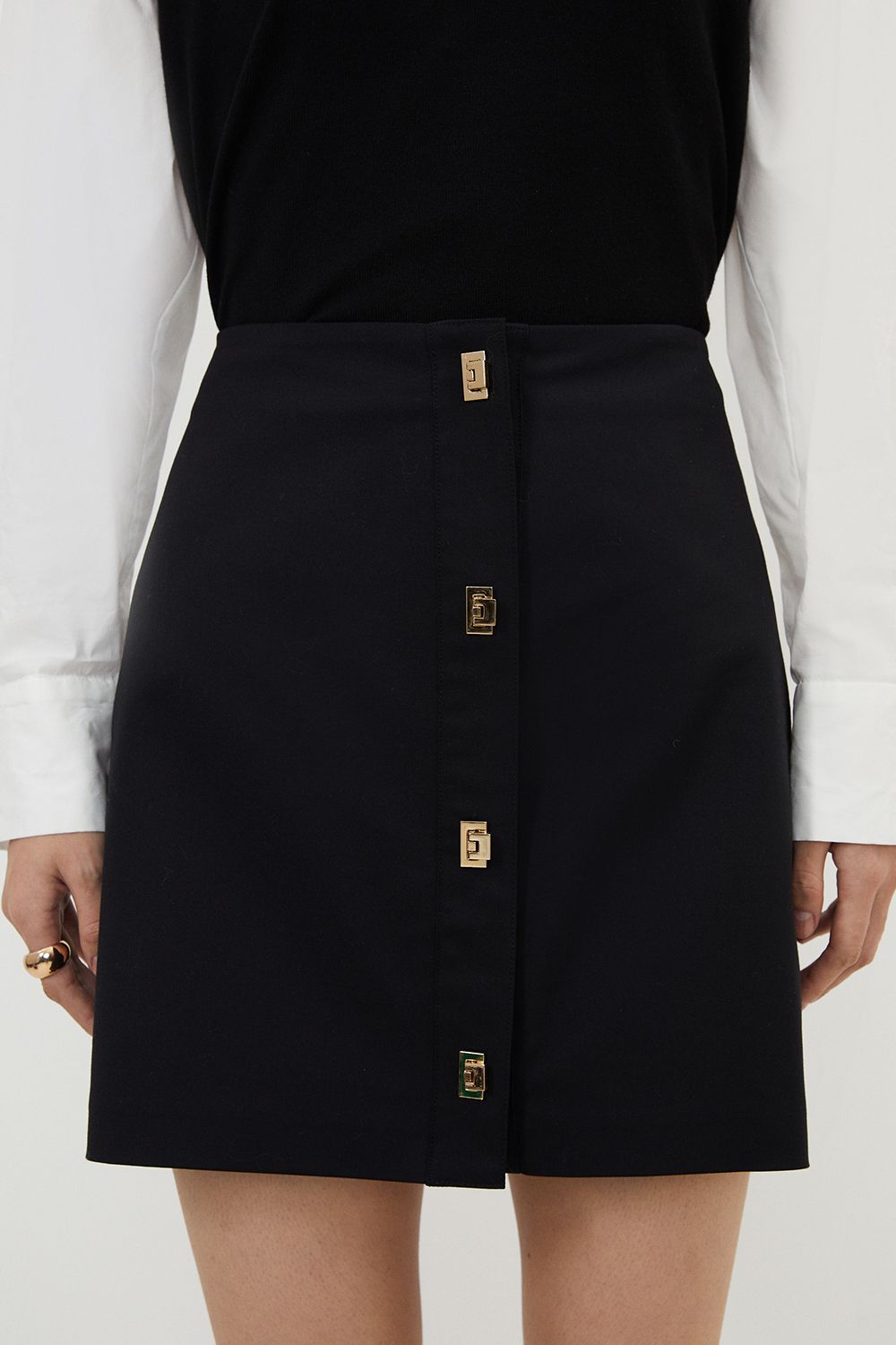 KarenMillen Tall Techno Cotton Woven Skirt With Gold Clasp