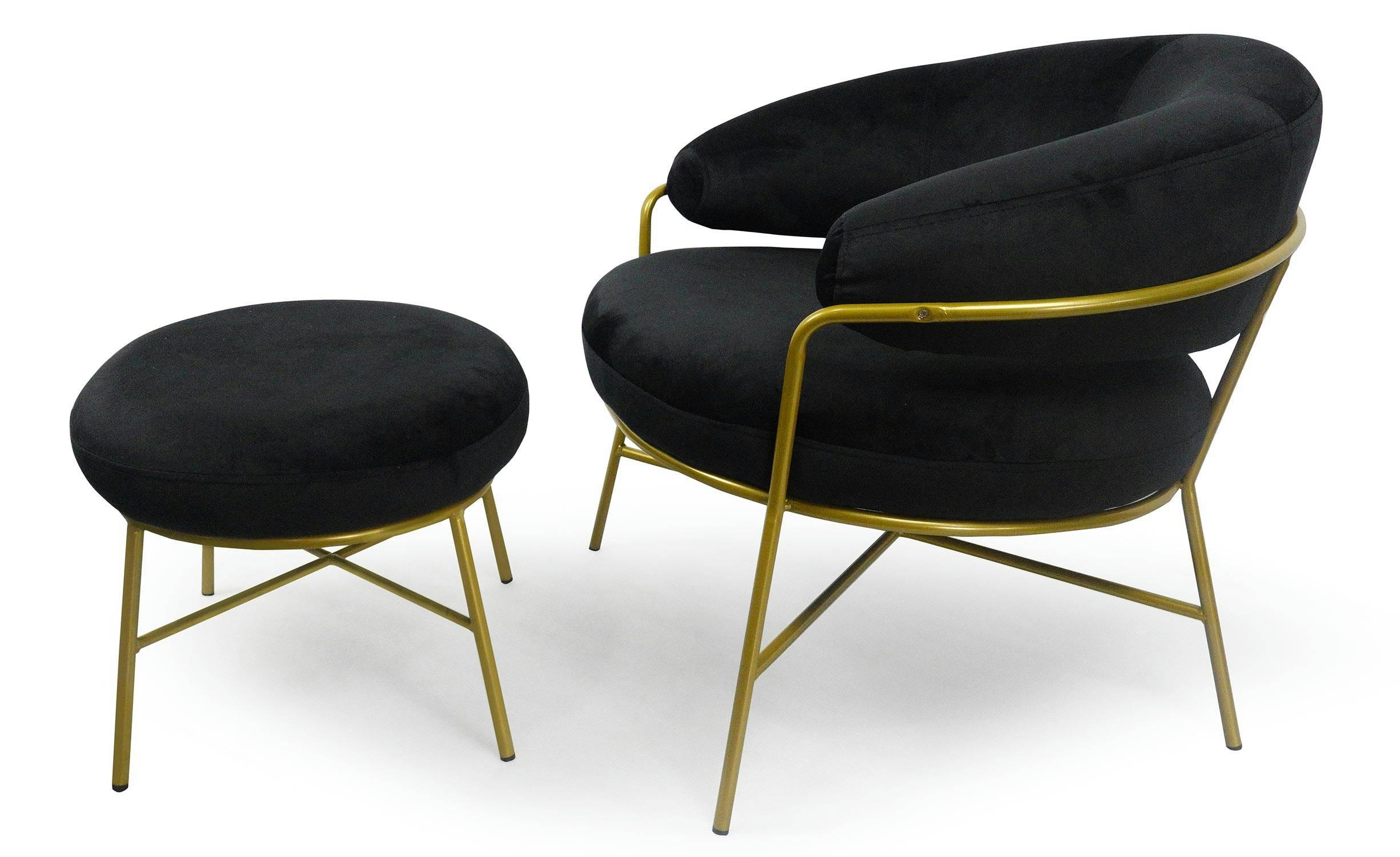 NANTY - Fauteuil avec pouf en velours noir et pieds or