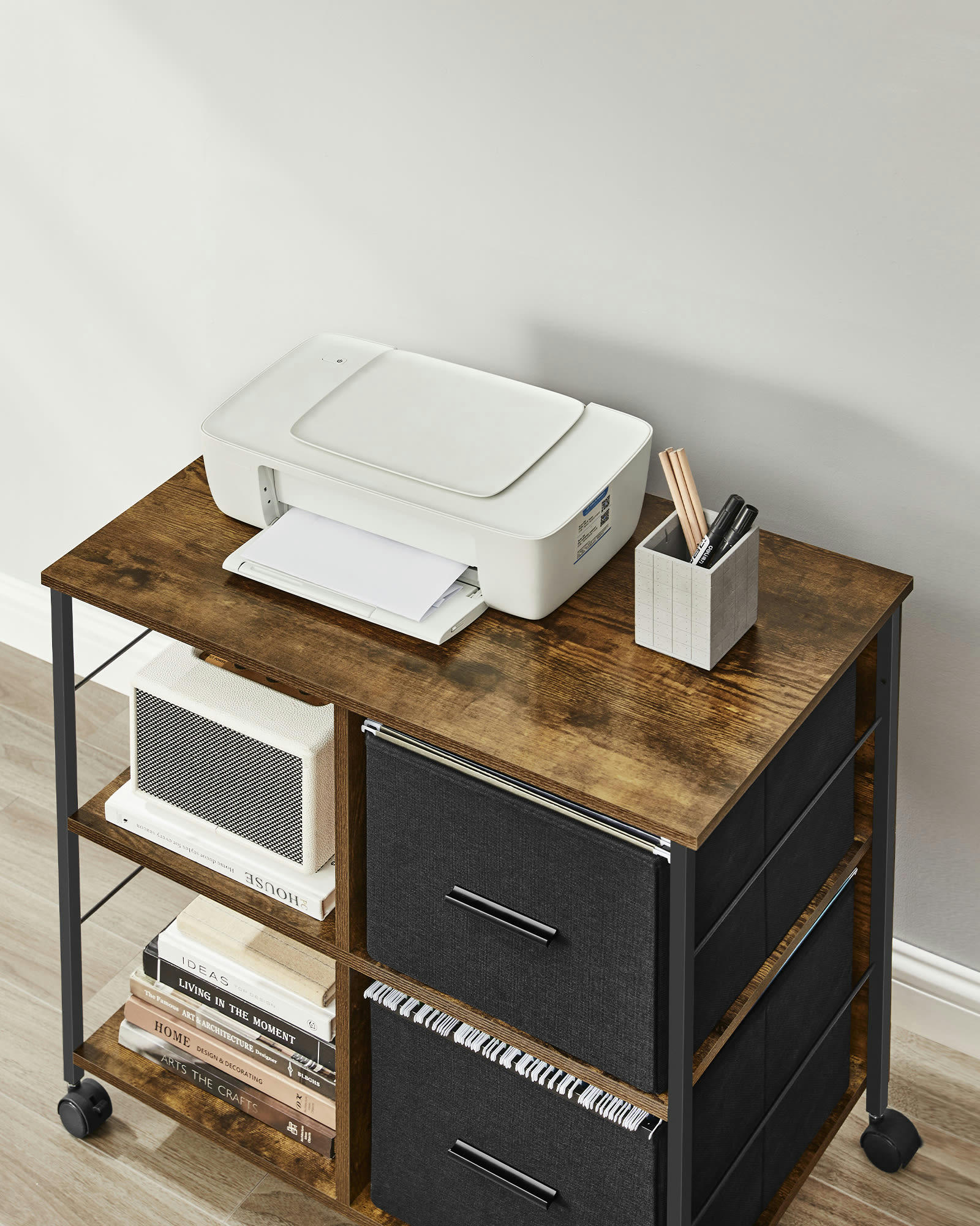 - Caisson de bureau 2 paniers en tissu effet bois marron rustique