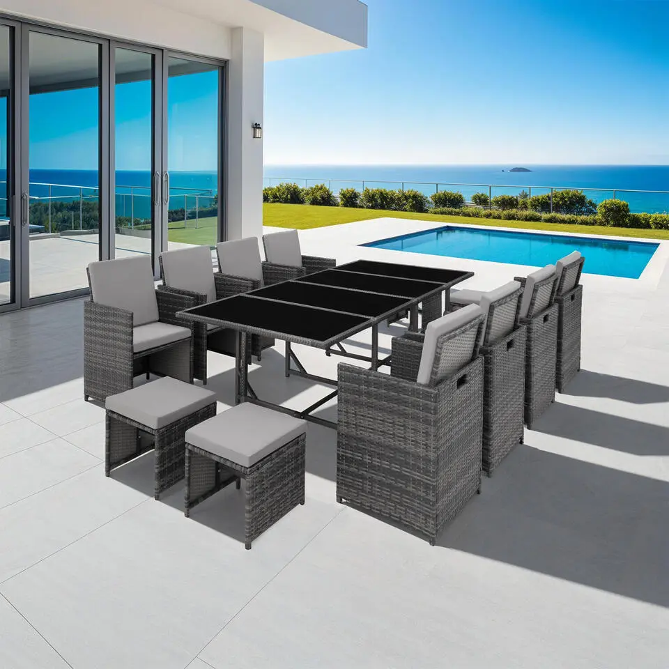 tectake Wicker tuinset Palma 8 4 1 met beschermhoes - Grijs/lichtgrijs