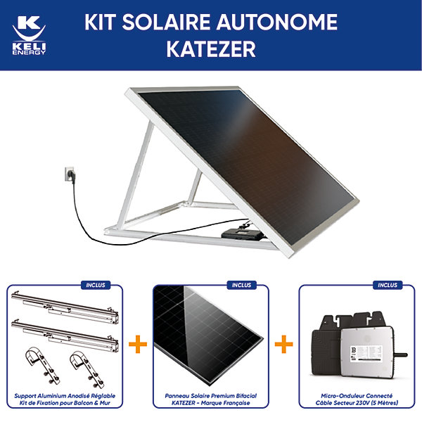 Kit Solaire KATEZER Connecté 420W - Prêt à Brancher - PV Bifacial - Installation Facile - Suivi Direct - Pose : Sol, Mur, Balcon