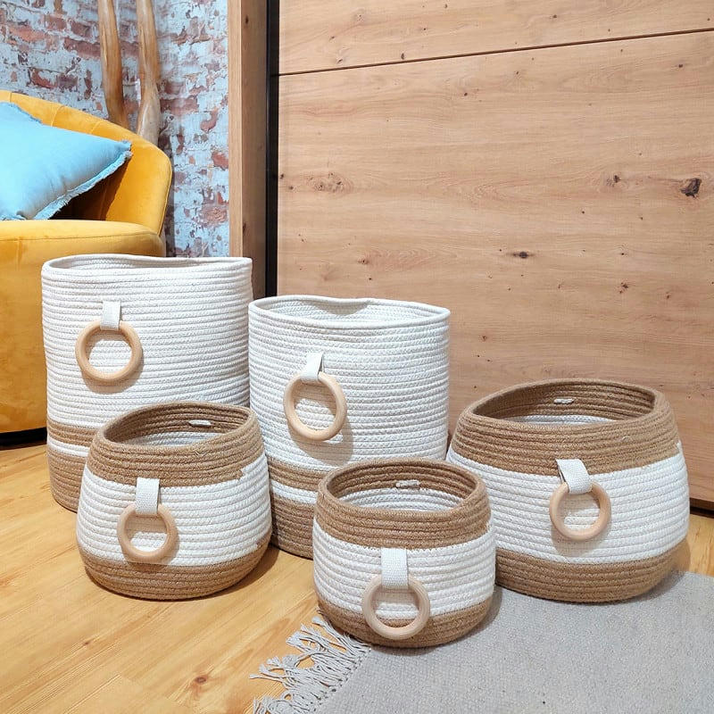 COTON - Lot de 5 paniers ronds marron et blanc avec poignées bois