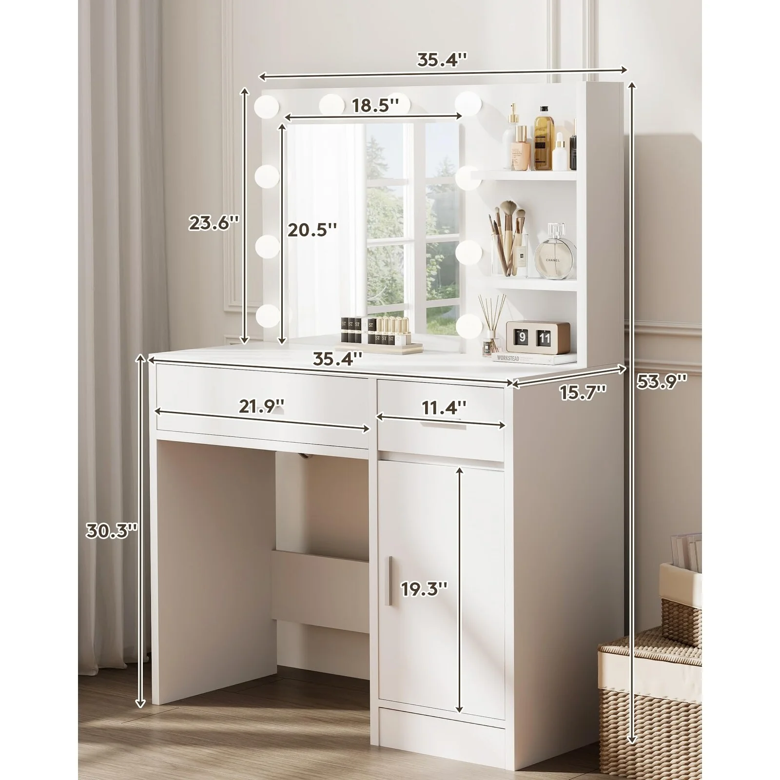 White Makeup Vanity Desk with Mirror Lights 3 Modes Adjustable Brightness Drawer Shelves Cabinet Dressing Table for Bedroom