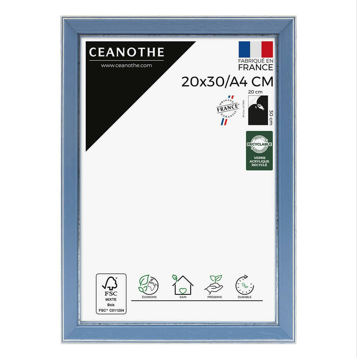 VITTORIA - Cadre photo bleu à la finition argent patiné 20x30/A4 cm bois massif