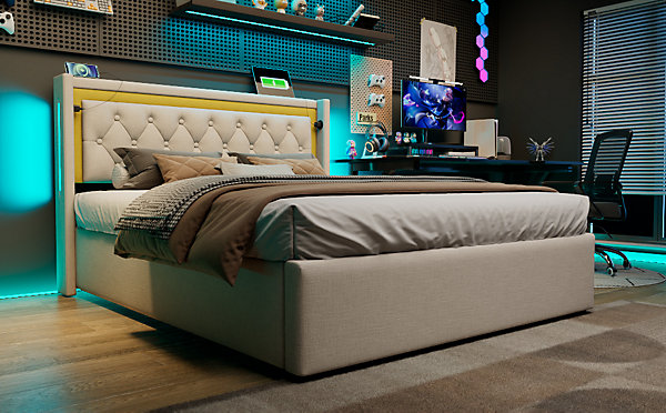 Canapé-lit 160x200 cm avec coffre, éclairage LED et ports USB/Type-C, tête en coton beige au design contemporain à vérins
