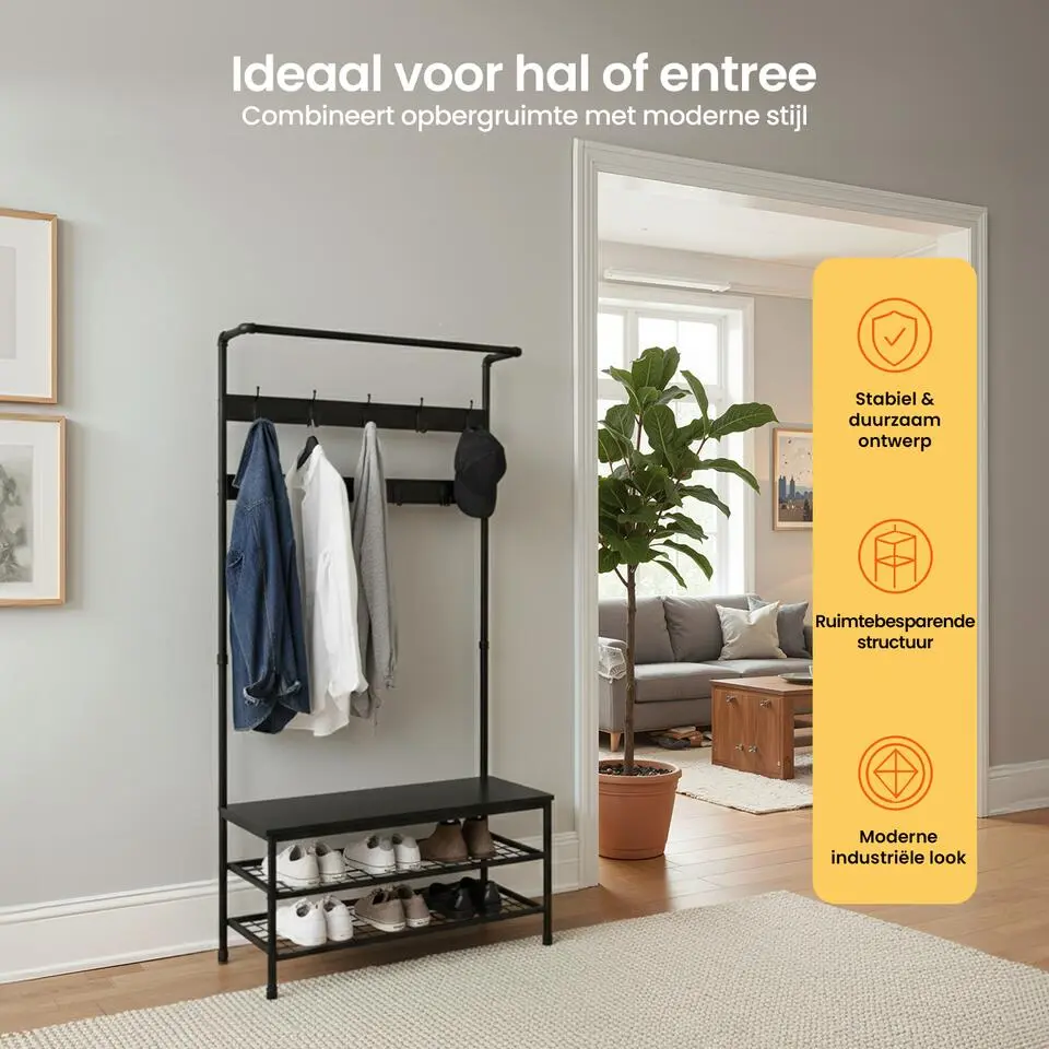 Goliving Kapstok - Garderoberek - Schoenenrek - Staand - XL - Zwart Hout