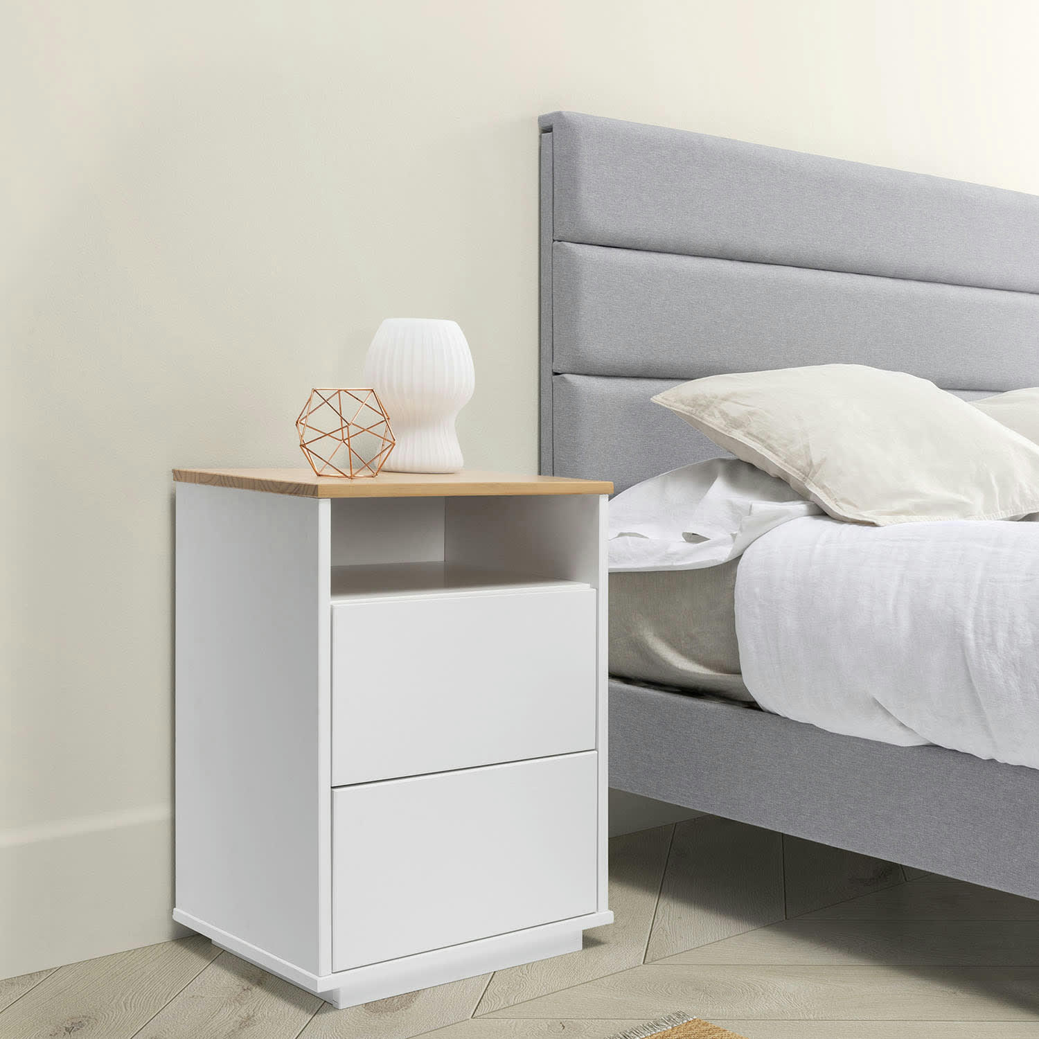 BOB - Table de chevet 2 Tiroirs 1 niche blanc/chêne, bois massif