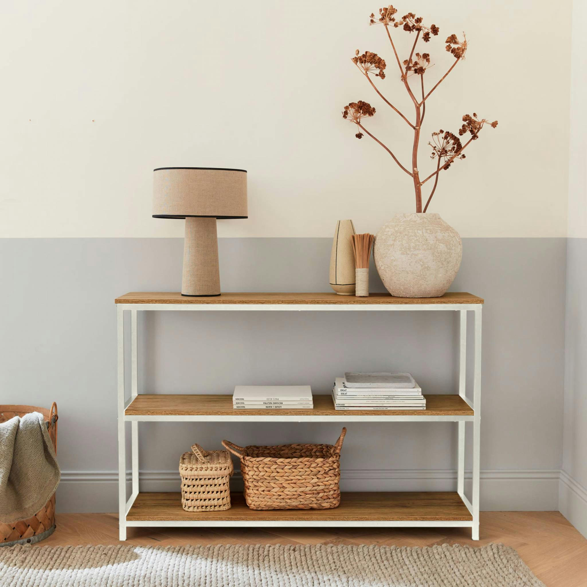 LOFT - Étagère en métal blanc mat et décor bois, 3 niveaux