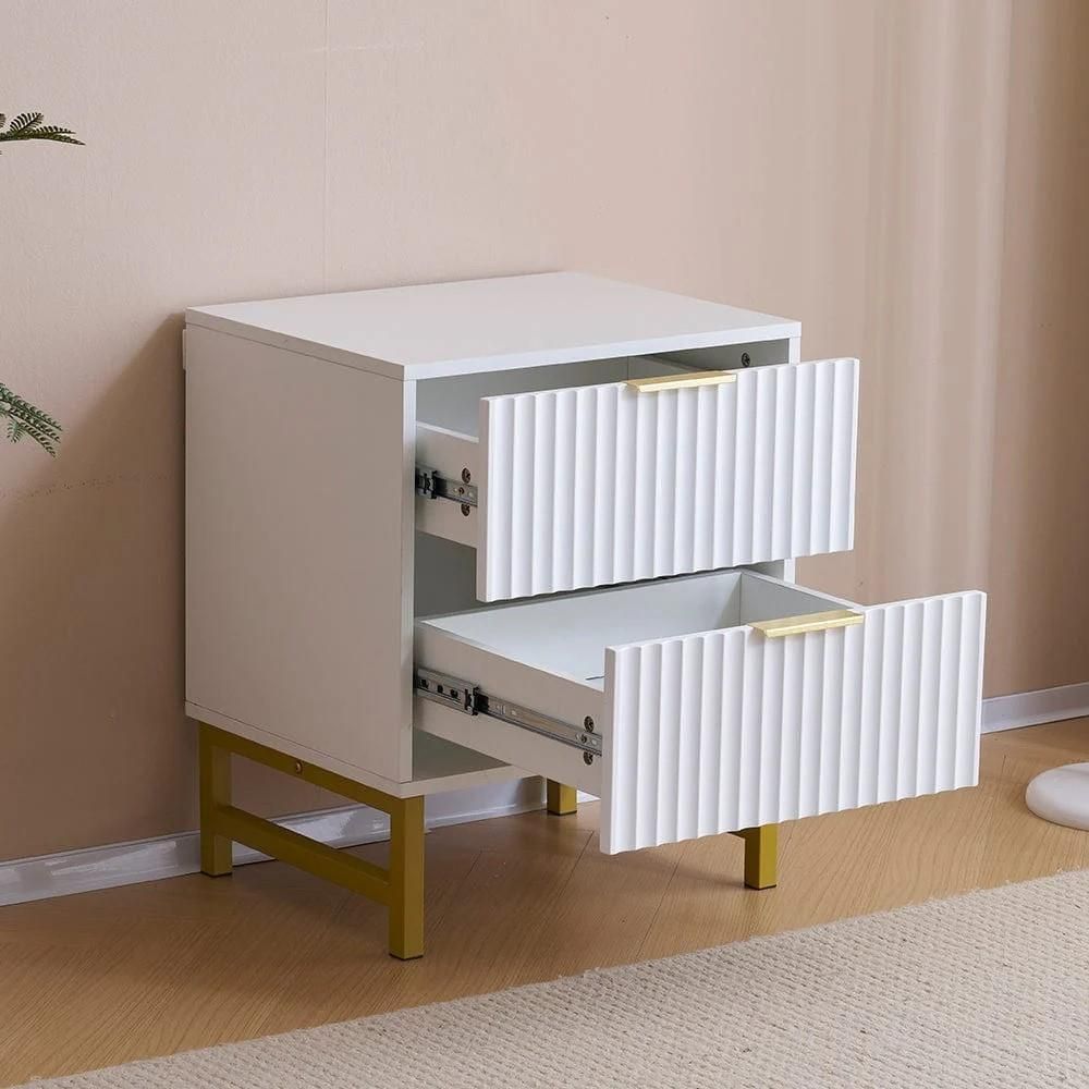 KOSY KOALA Modern White Bedside Table with 2 Drawers and Gold Metal Legs – Elegant Storage Solution for Bedroom