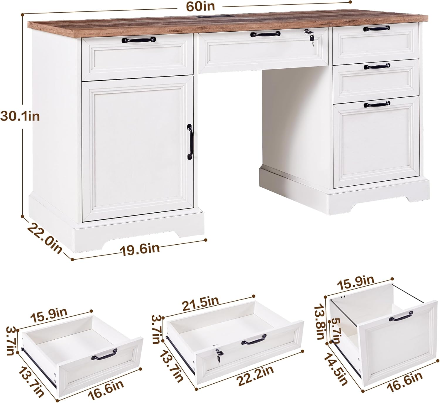 60 Farmhouse Executive Desk with Lock,Home Office Desk with Charging Station,Executive Desk with 4 Drawers & 1 Cabinet&1 File Cabinet for Office and Home
