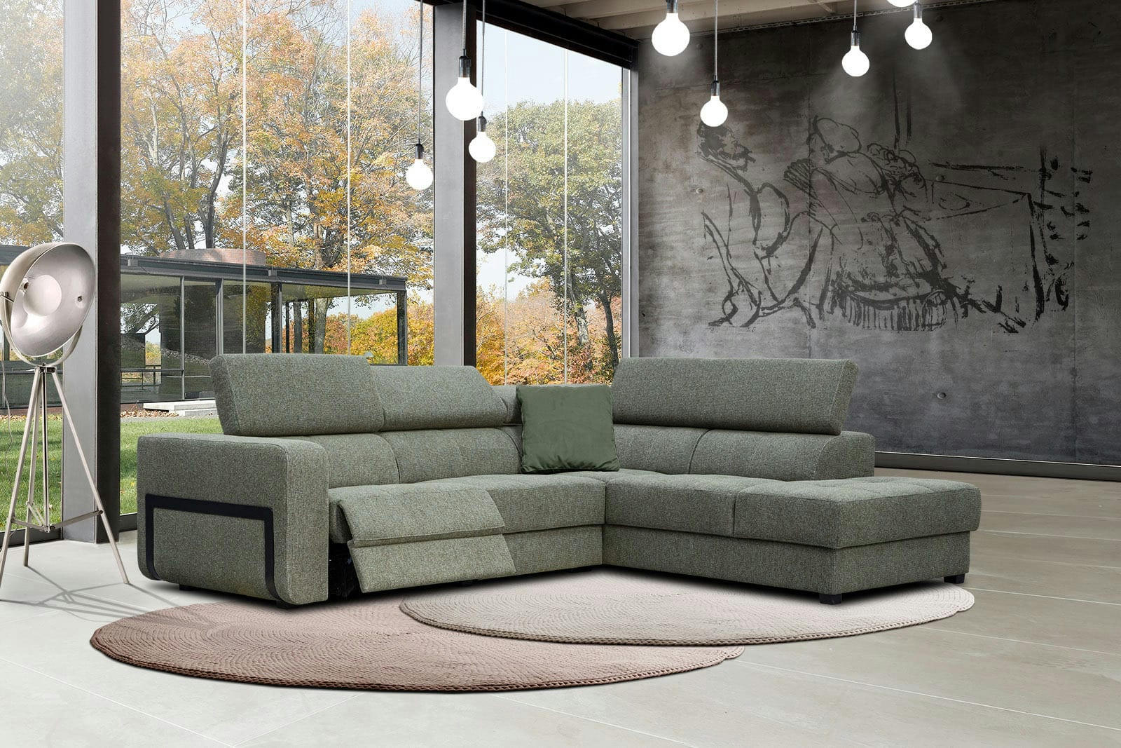 BERGO - Canapé d'angle droit 5 places avec une relax électrique tissu vert