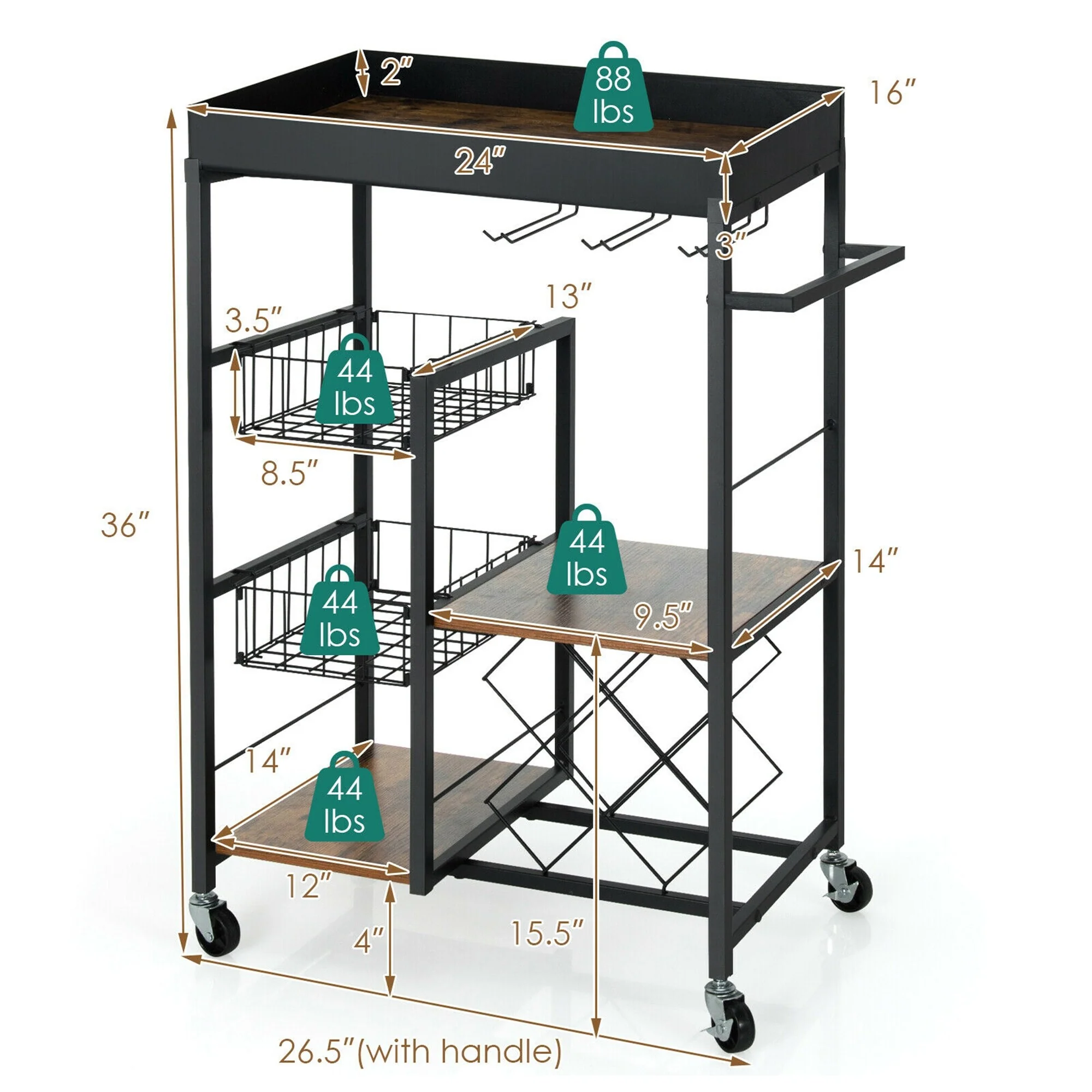Gymax 4-Tier Kitchen Bar Cart Rolling Serving Trolley Wine Rack - See Details