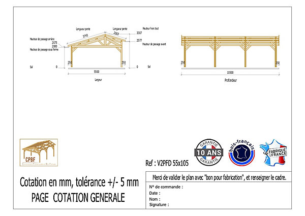 Carport 2 pentes faitage décalé, 550cmx1050cm, Bois DOUGLAS Français(Charpente en bois-auvent-abri voiture)57 m².Garantie 10 ans