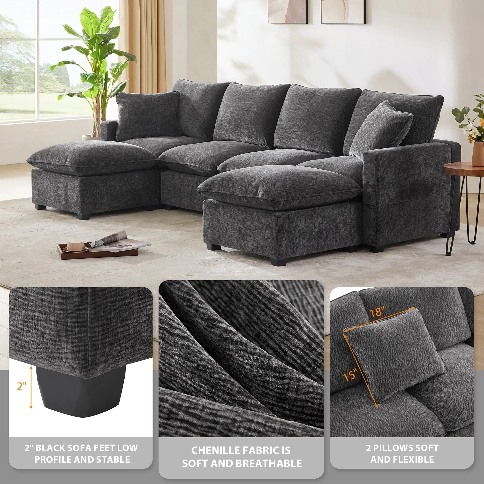 110 Chenille U-Shaped Modular Sofa with Ottoman and 2 Pillows, 6-Seater