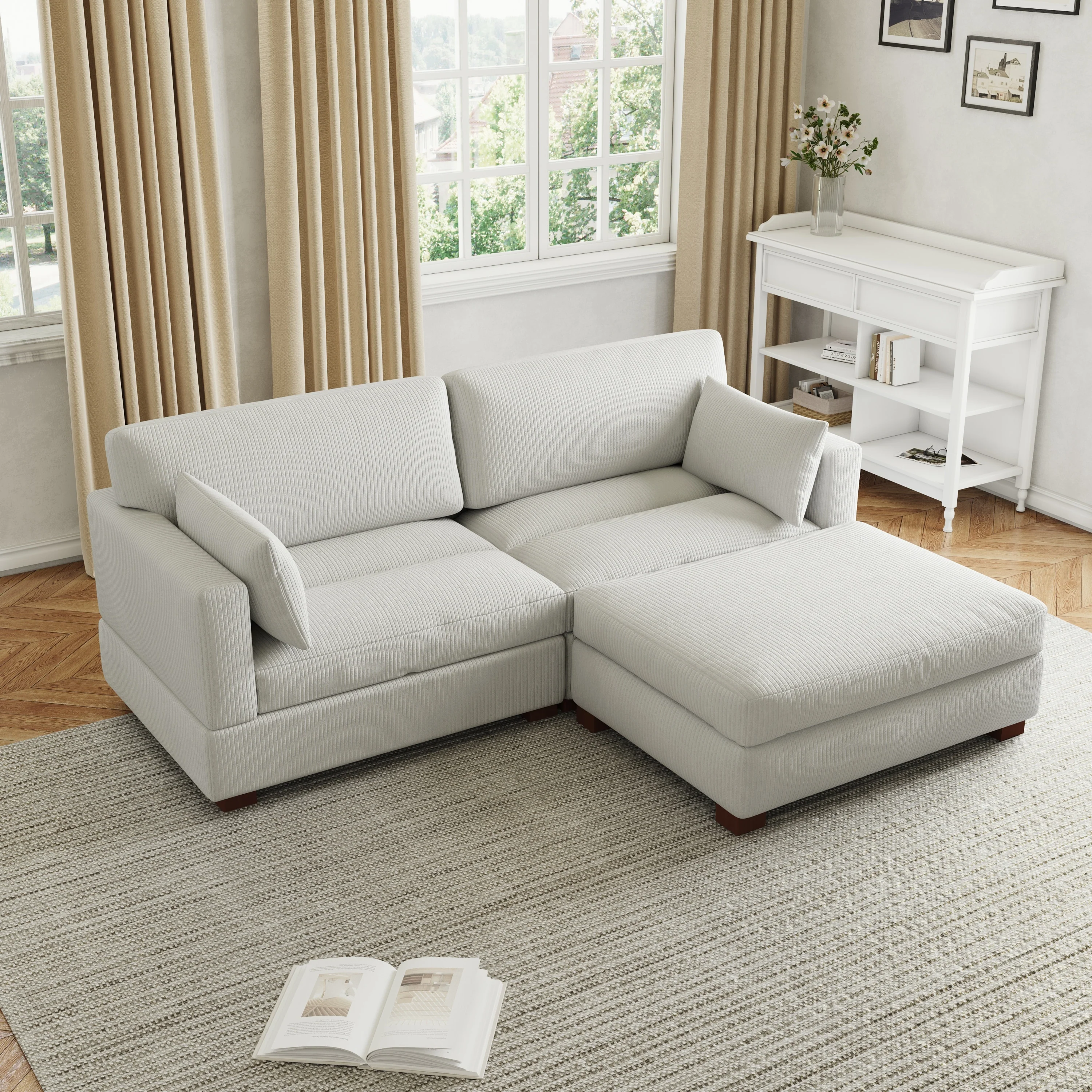 Indoor 3-Piece Corduroy Modular Sectional Sofa with Ottoman