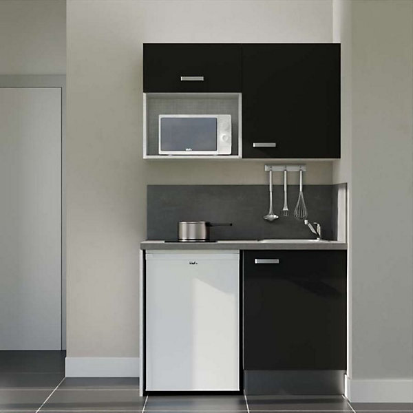Kitchenette K07 façades Noir - Plan de travail Gris béton - Crédences : Oui - Evier inox - Electroménager Blanc inclus
