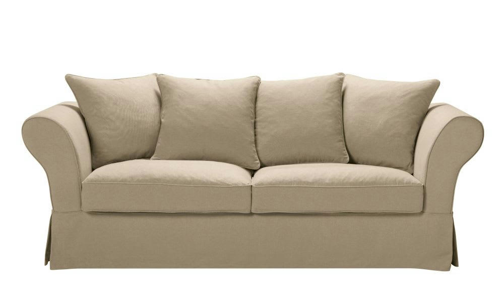 Roma - Housse de canapé fixe et convertible 3/4 places (6 cm) en lin froissé beige ficelle