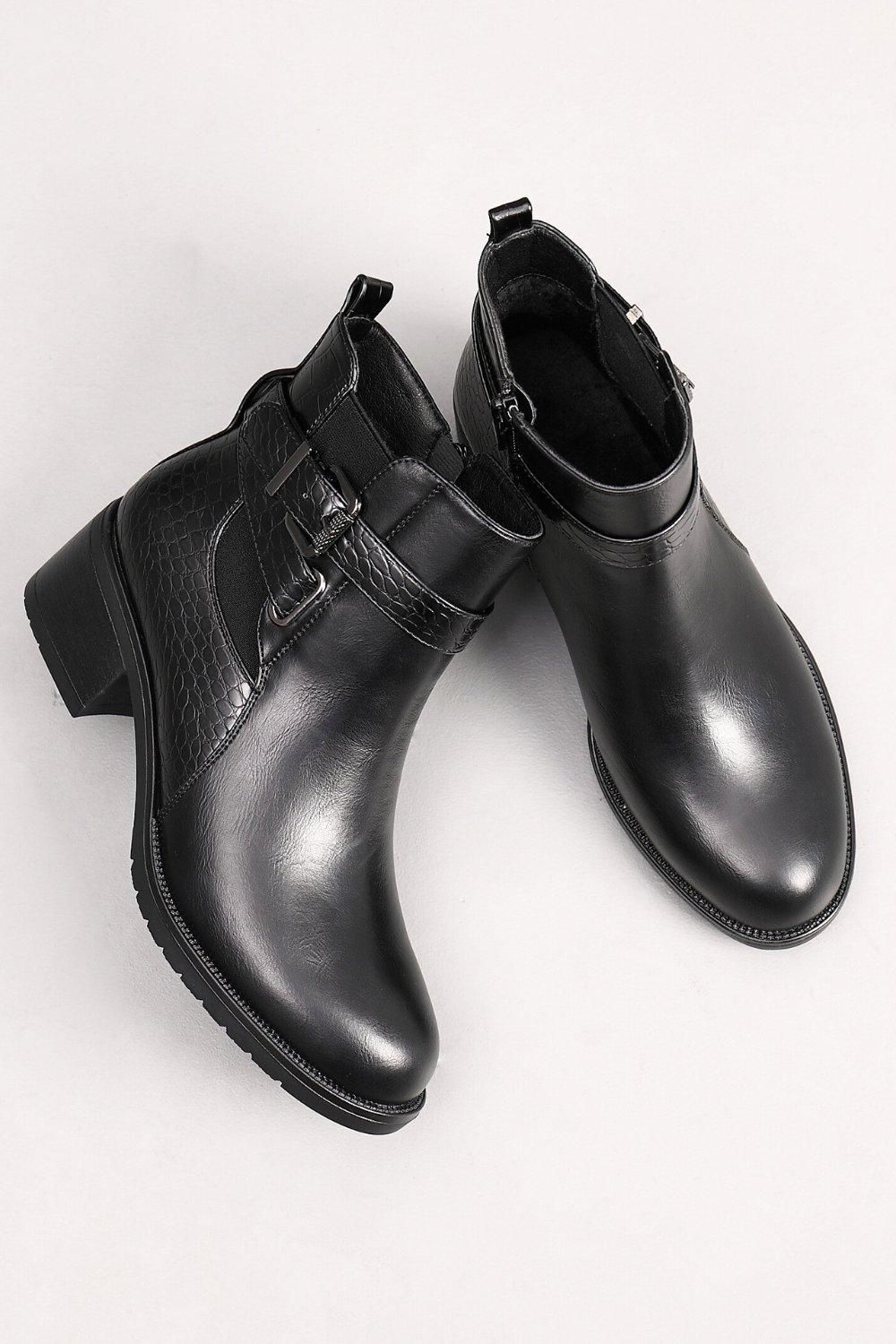 IVACHY Exquisite Mock Croc Strap Fashion Chic Block Heel Ankle Boots with Almond Toe