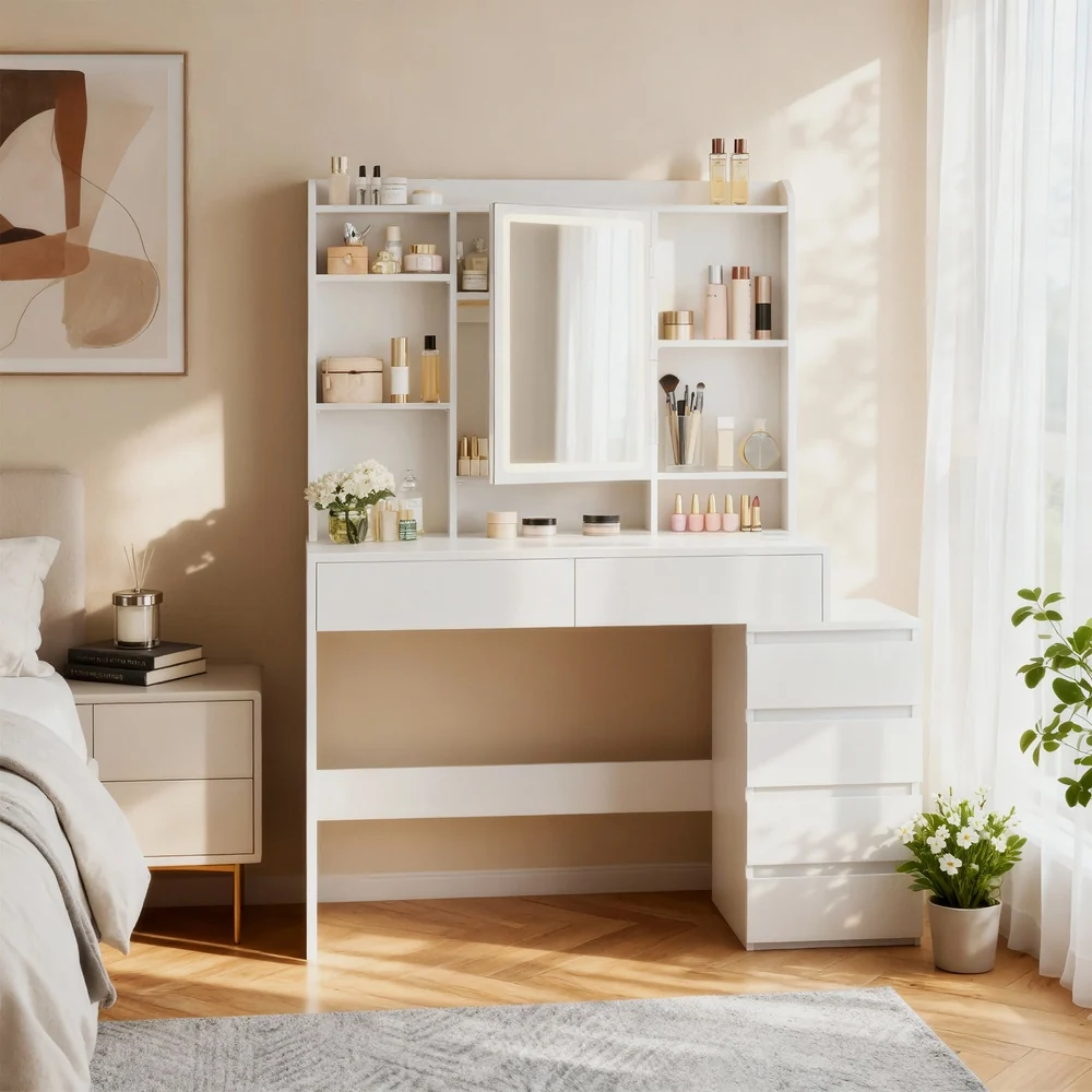 Coiffeuse, avec Grand Miroir LED à Luminosité Réglable, 40 x 118,3 x 145 cm