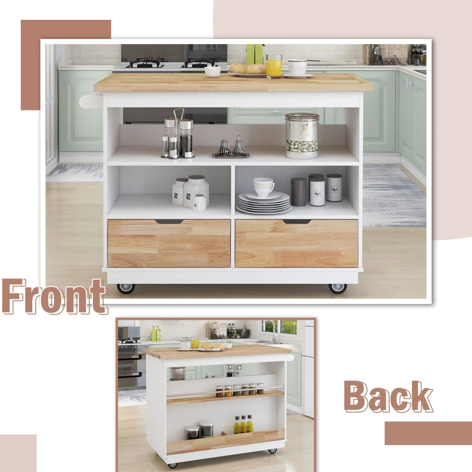 Rolling Kitchen Island With Storage(no include stool)