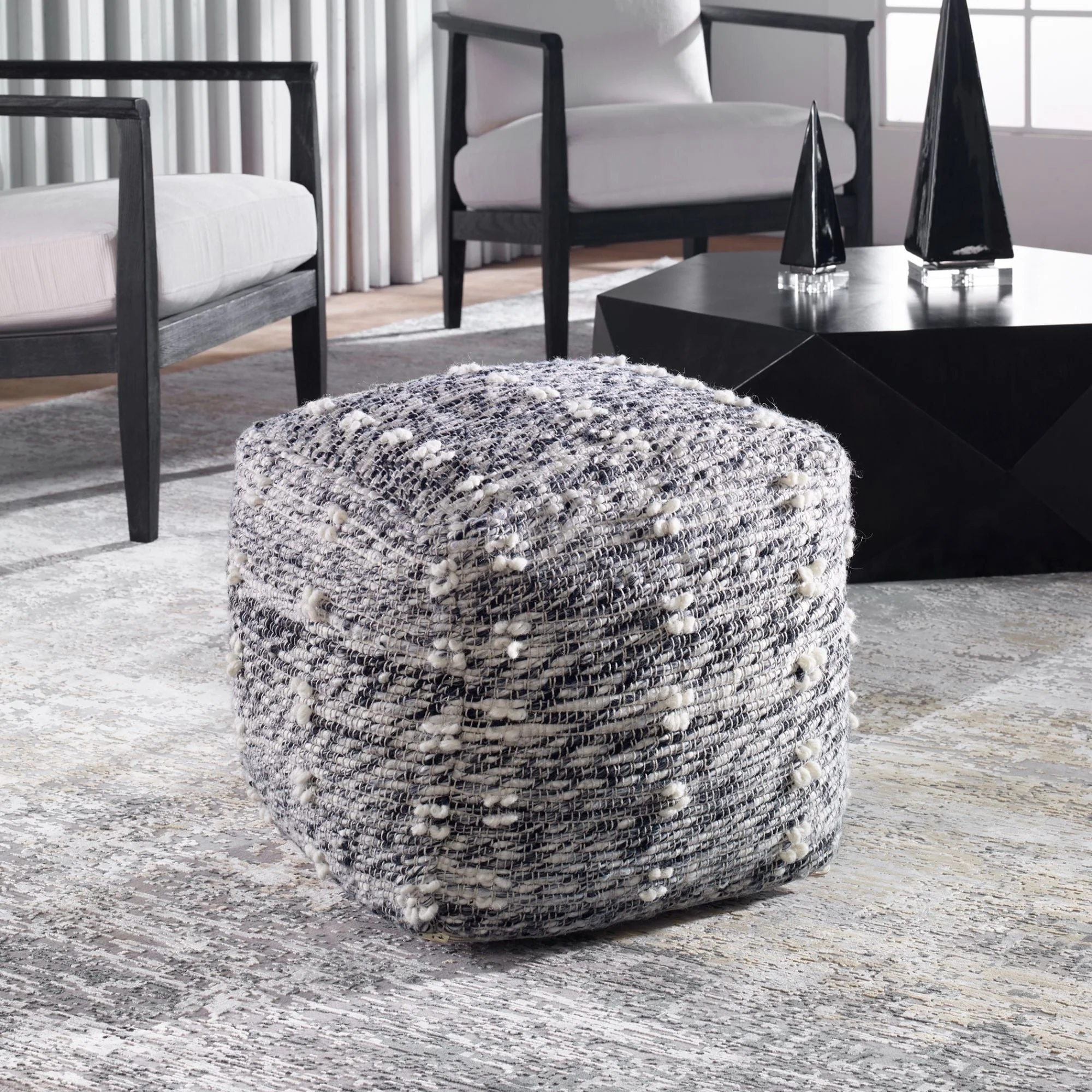 Handwoven Geometric Pouf Ottoman - 18 - Charcoal Gray