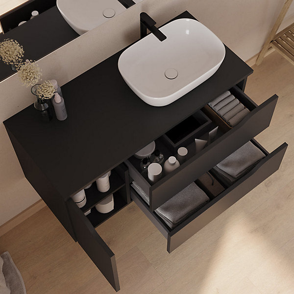 Meuble de salle de bain 100cm avec plateau et vasque à poser à droite Zeus - sans miroir - 2 tiroirs et 1 placard - noir - ZARZA