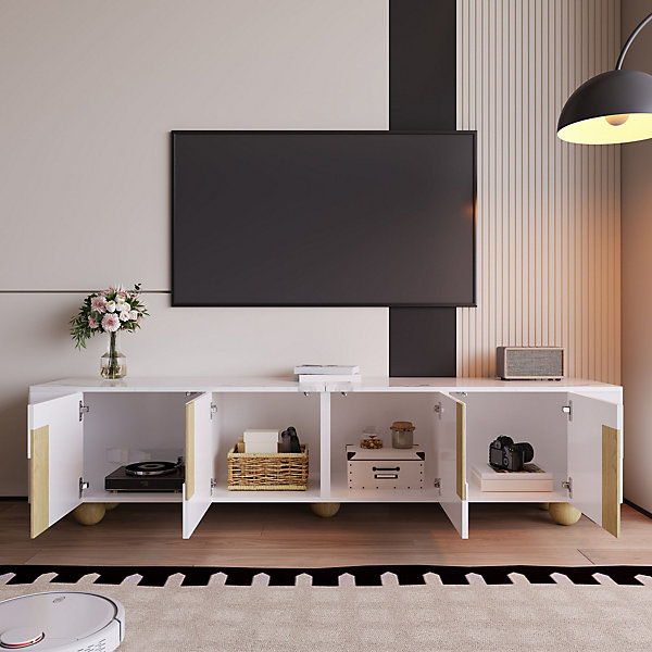 Meuble TV 4 Portes avec Rangement, Surface Effet Marbre et Pieds Sphériques, MDF et Panneaux de Particules, Blanc, 180x40x44 cm