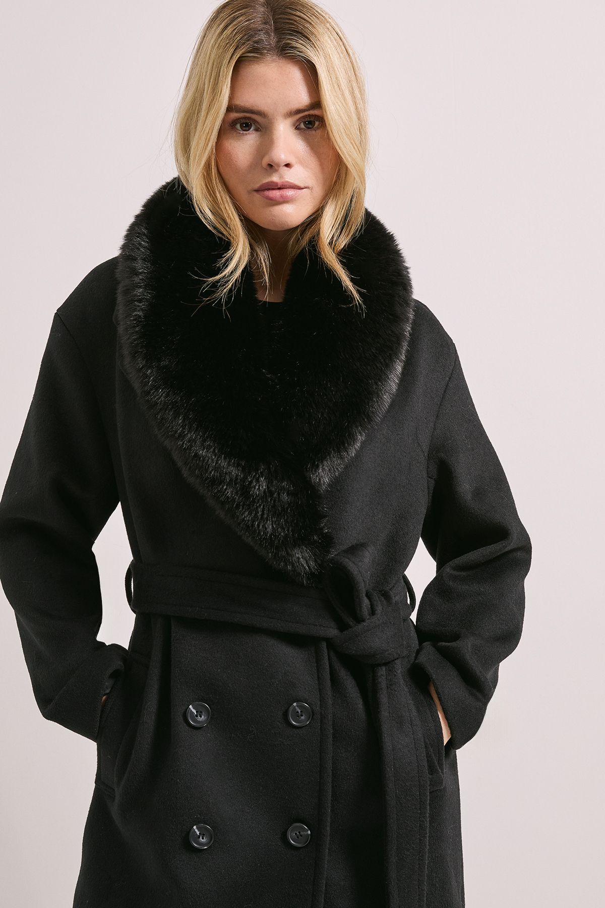Dorothy Perkins Faux Fur Collar Belted Longline Coat